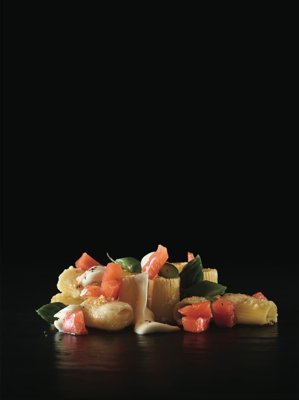 Insalata di salmone, mezzi paccheri e bretone al parmigiano